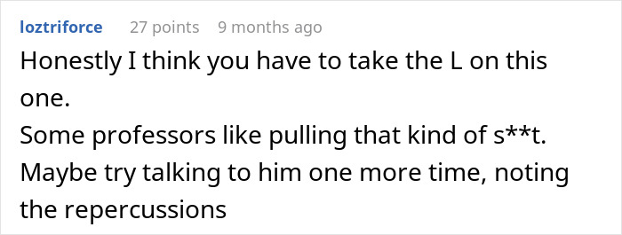 Screenshot of an online comment discussing student pushback after a professor enforces a phone rule without warning.