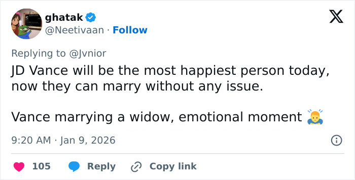 Screenshot of a social media reply mentioning JD Vance and referencing emotional moments amid custody speculation.