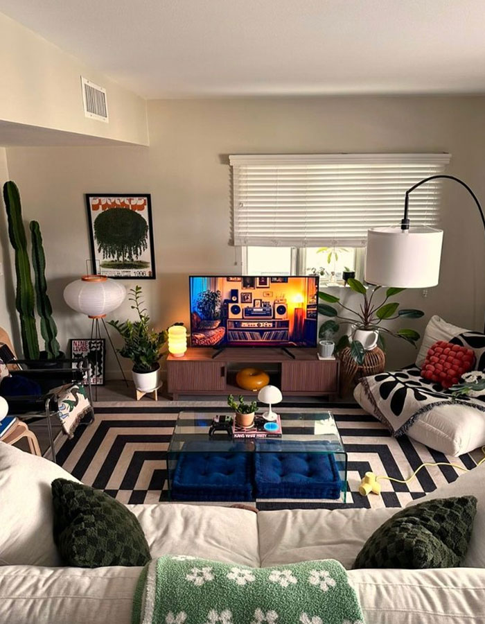 Cozy living room with modern furniture, plants, patterned rug, and stylish decor showcasing cool interior design ideas.