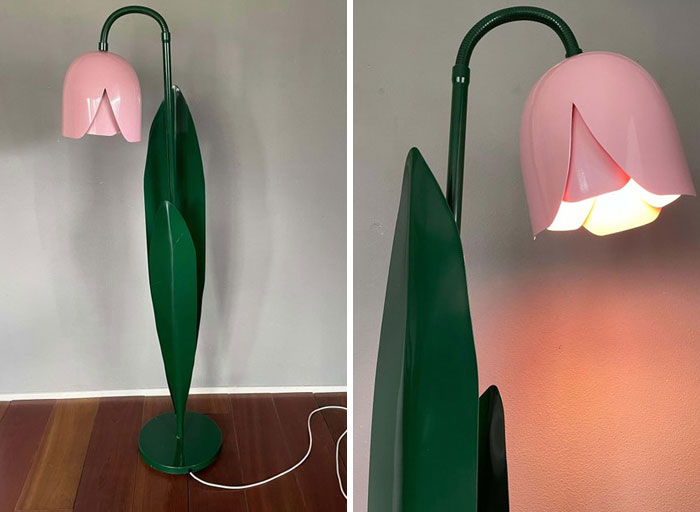 Floor lamp with green stem and pink flower-shaped shade, a creative interior design idea for modern home decor.