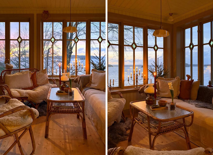 Cozy living room with warm lighting, large windows, and stylish furniture showcasing cool interior design ideas.