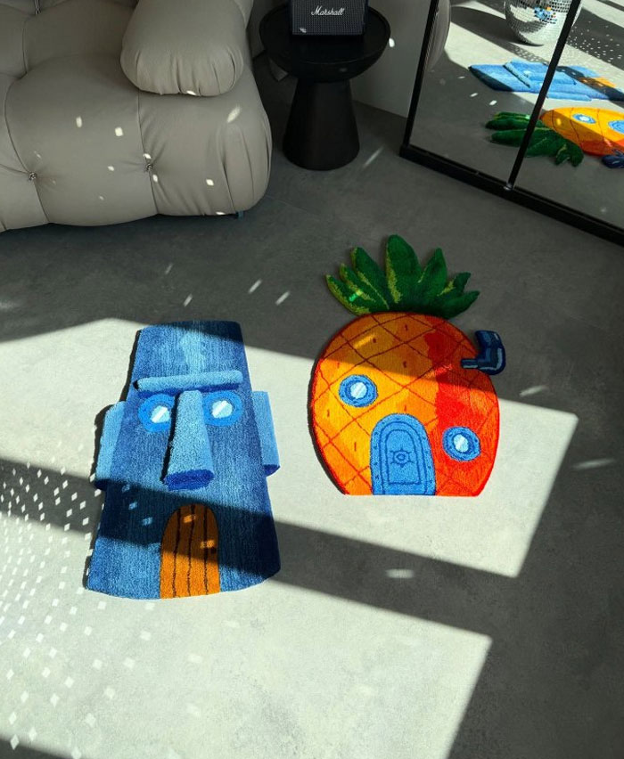 Colorful quirky rugs in a modern living room showcasing cool interior design ideas for unique home decor.