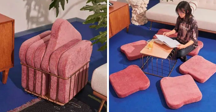 Pink cushioned floor seating with a low table in a modern living room showcasing cool interior design ideas.