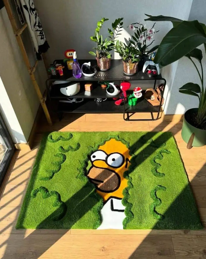 Colorful home interior design idea featuring a unique cartoon-themed rug and indoor plants on a modern shelf.