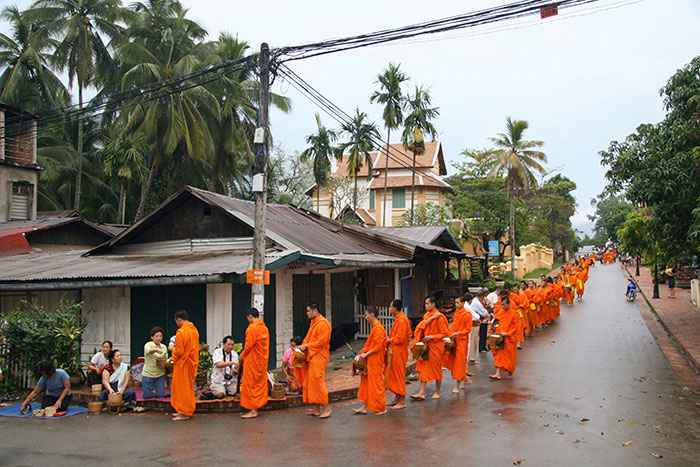 Line of Buddhist monks in orange robes receiving alms on a wet street, travel scene, Tokyo.