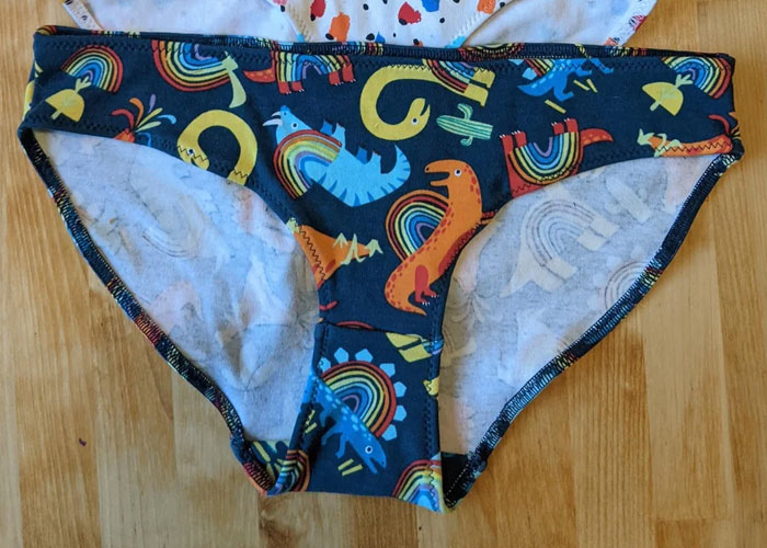 Colorful dinosaur and rainbow patterned underwear on a wooden surface illustrating couples dumb house rules joke.