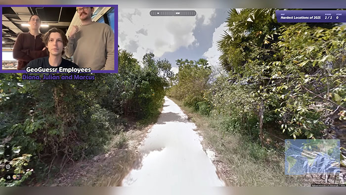 Three GeoGuessr employees in a video overlay playing an online game showcasing sharp intelligence and quick thinking skills.