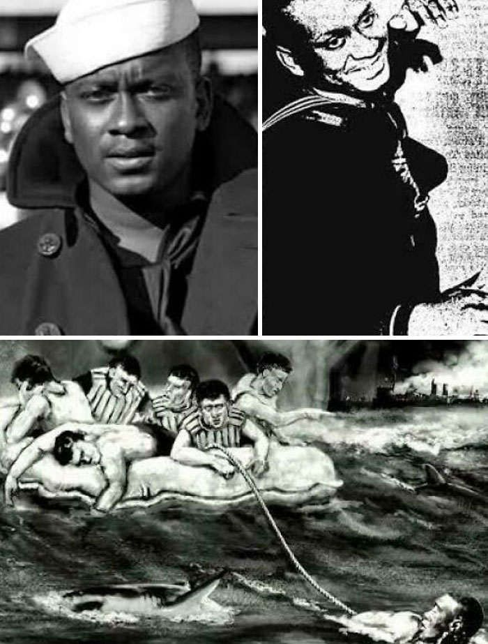 Black and white images depicting unsettling history and crime stories including a sailor, a mysterious figure, and a dramatic rescue.