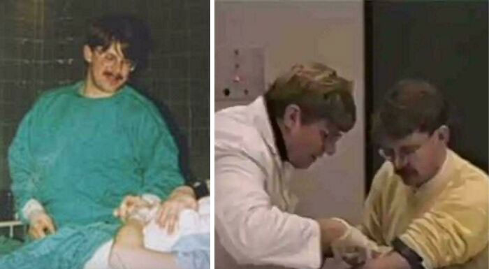 Man in medical scrubs attending to a patient next to another man having his arm treated in a clinical setting, crime history context.