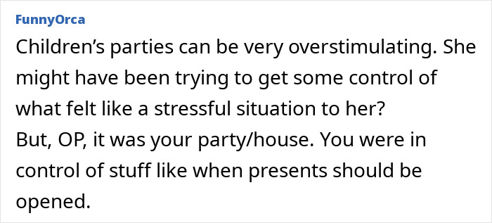 Comment discussing guest mom taking control and causing awkward moments at a birthday party.