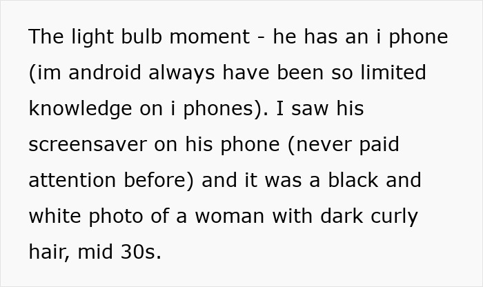 Text excerpt describing a discovery in a woman&rsquo;s casual BF&rsquo;s phone revealing a piece on the side in a 3-year situationship.