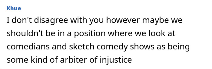Text comment discussing comedians and sketch comedy shows in the context of justice and controversy sparked by Michael Che on SNL.