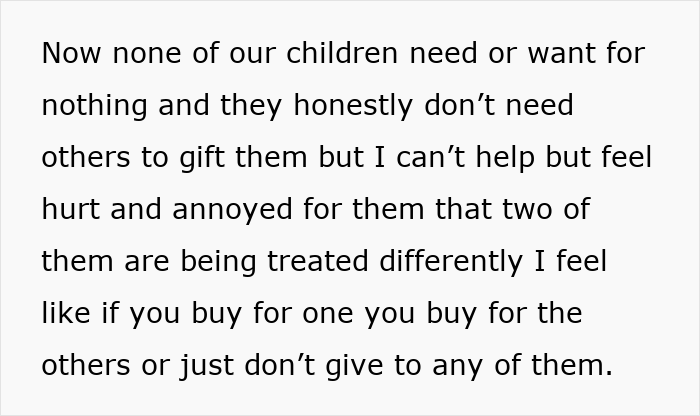 ALT text: Text expressing frustration over aunties celebrating one kid and showing favoritism while others feel left out and hurt.