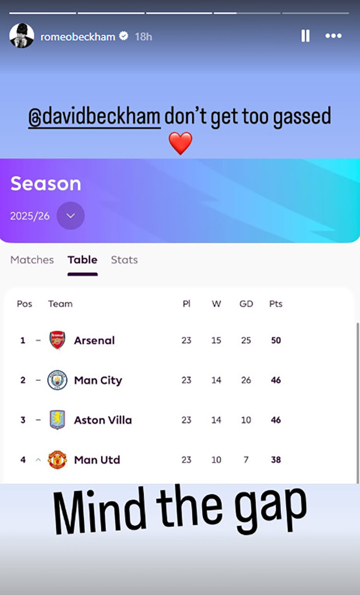Instagram story showing football league table with David Beckham's son teasing amid ongoing family rift and public crisis. Instagram story showing football league table with David Beckham's son teasing amid ongoing family rift and public crisis.