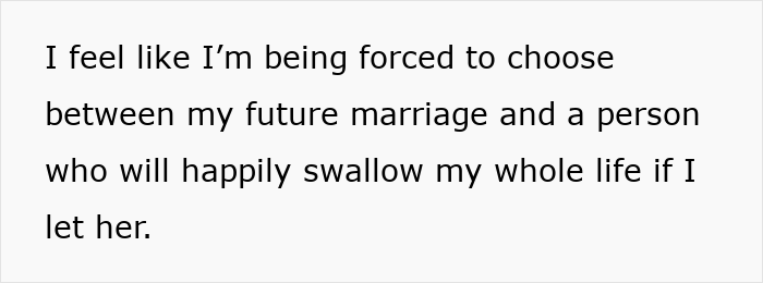 Text showing a son expressing feeling forced to choose between his future marriage and a religious mom moving in with guilt trips and sermons. Text showing a son expressing feeling forced to choose between his future marriage and a religious mom moving in with guilt trips and sermons.