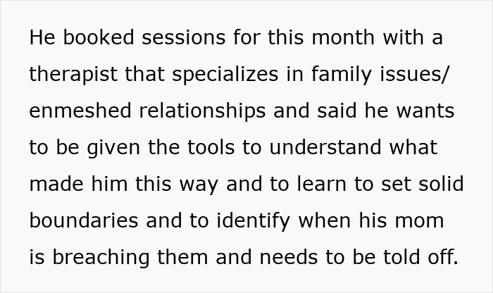 Alt text: Text about a husband seeking therapy for family issues and learning to set boundaries with his stepson and wife.