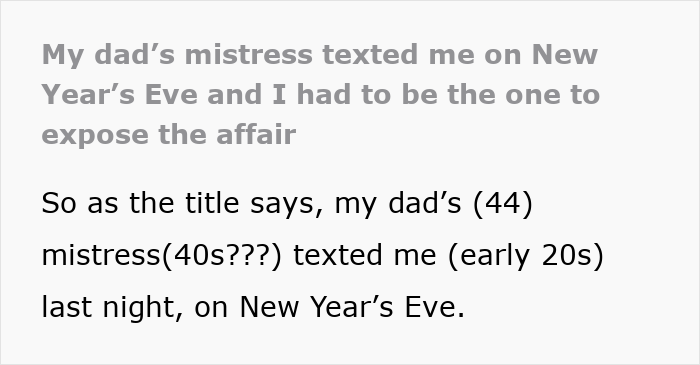 Text message conversation on New Year’s Eve revealing dad’s mistress texting adult daughter, exposing months-long affair causing family devastation. Text message conversation on New Year’s Eve revealing dad’s mistress texting adult daughter, exposing months-long affair causing family devastation.