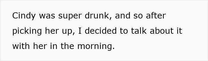 Text image showing a conversation about a female friend being super drunk and discussing it the next morning.