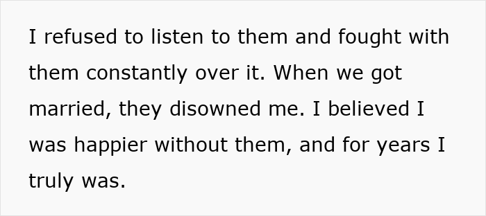 Text excerpt showing a woman&rsquo;s reflection on being disowned for marrying a mechanic and her struggle to survive at 55 years old.
