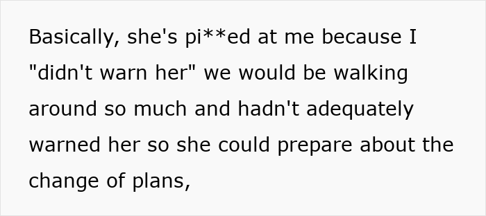 Woman mad at friend for taking her on a walking trip without warning, knowing she&rsquo;s diabetic and unprepared for it.