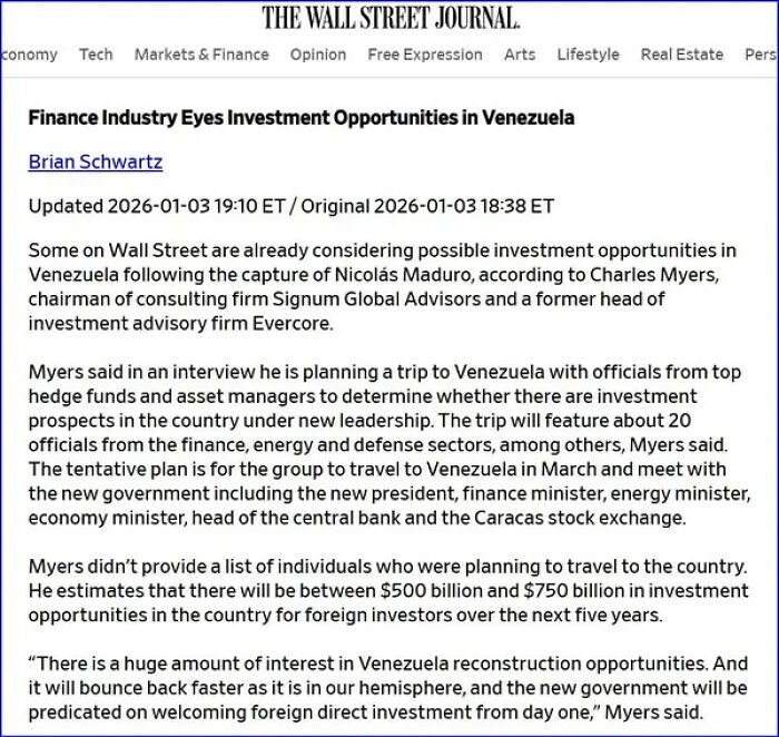 Screenshot of Wall Street Journal article about finance industry investment opportunities in Venezuela and related economic prospects.