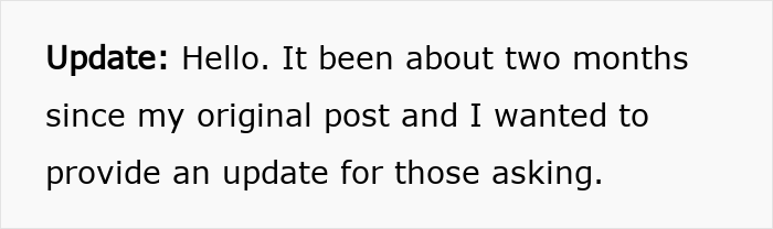 Text update message on a plain white background about a husband blaming SAHM wife for financial problems and divorce follow-up.