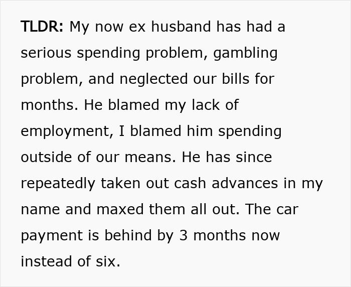 Text excerpt from a story about a husband blaming his SAHM wife for financial problems, leading to divorce instead.