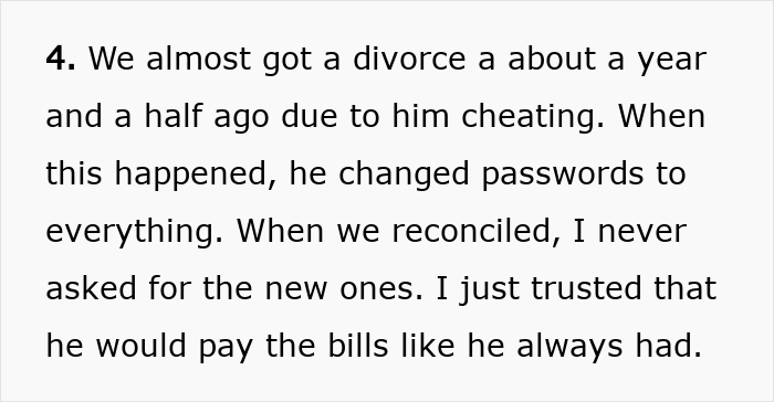 Text excerpt discussing a near divorce after cheating and trust issues with passwords and bill payments.