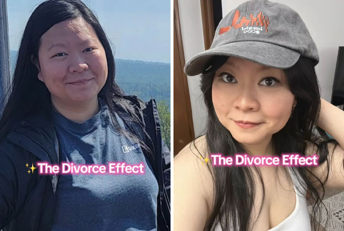 Before and after makeover photos showing the positive transformation effects of getting divorced on a woman’s appearance and confidence.