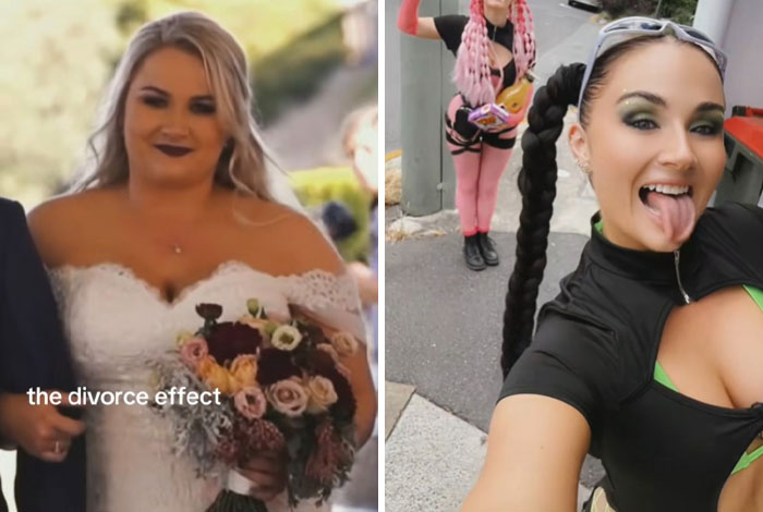 Before and after photos showing a woman's transformation illustrating the impact of divorce as a powerful makeover.