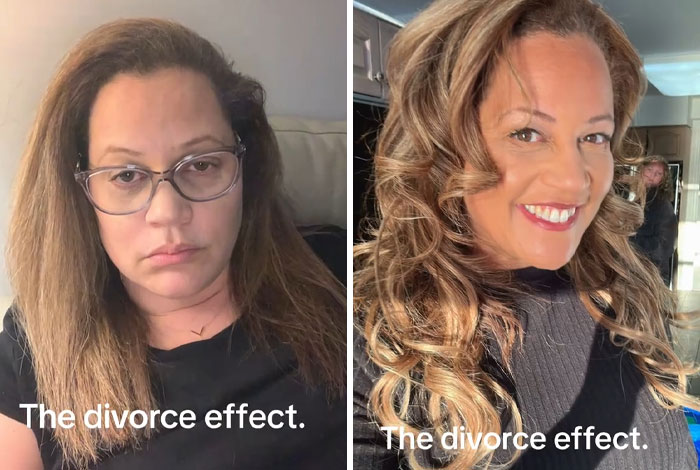 Before and after makeover photos showing the positive transformation from divorce and new confidence boost.