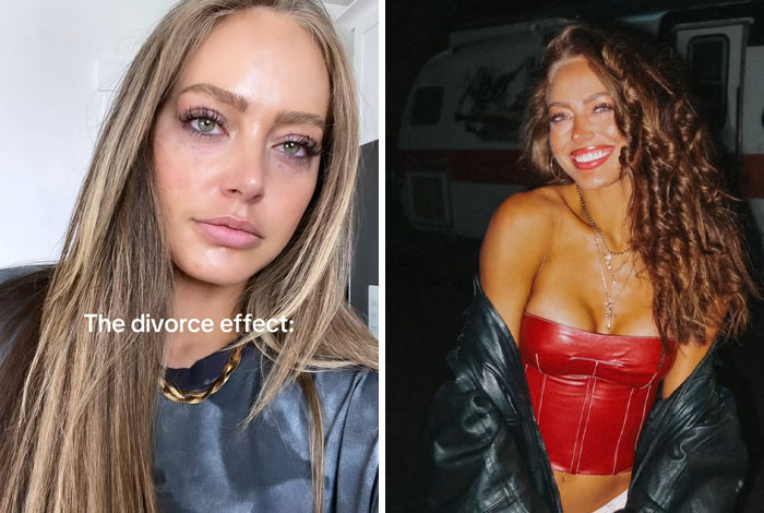 Side-by-side before and after photos showing a woman's dramatic makeover after divorce transformation.