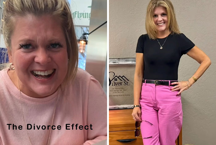 Before and after images showing a dramatic makeover transformation proving the positive effect of divorce on personal style.