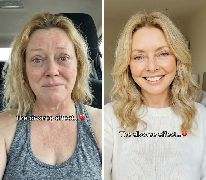 Before and after divorce makeover showing emotional transformation and improved appearance with a bright smile and styled hair.