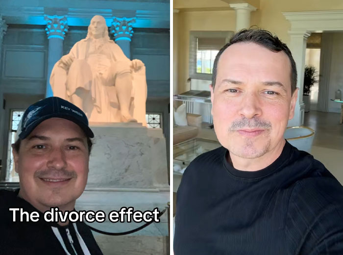 Before and after photos showing a man’s makeover illustrating the positive impact of divorce transformation.