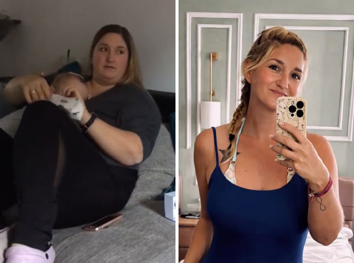 Before and after divorce makeover showing a woman’s transformation with improved confidence and style in two side-by-side photos.