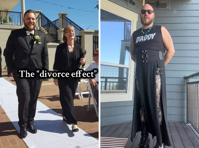 Before and after divorce makeover showing dramatic style transformation highlighting the divorce effect and personal reinvention.