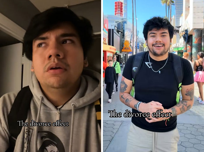 Before and after divorce makeover showing a young man transforming from casual indoors to confident outdoors with tattoos visible.