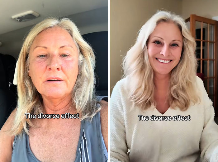 Side-by-side before and after photos showing a woman’s divorce effect makeover transformation smiling confidently indoors.