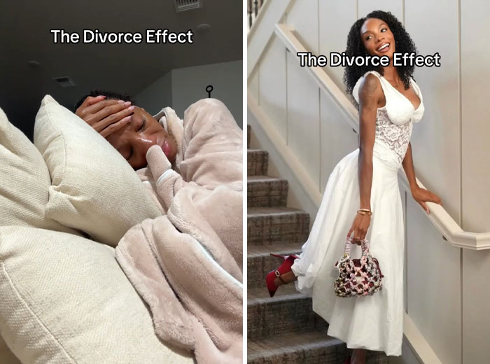 Before and after divorce makeover showing transformation and confidence boost in a stylish white dress on stairs.