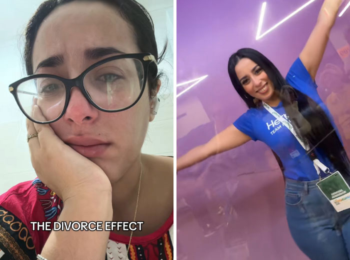 Woman showing divorce effect with before and after makeover transformation, illustrating divorce as a positive change.