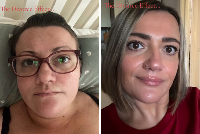 Before and after makeover photos showing a woman’s transformation that illustrates the divorce effect and personal renewal.