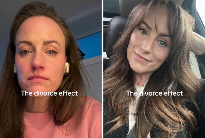 Side-by-side before and after photos showing a woman’s transformation highlighting the divorce makeover effect.