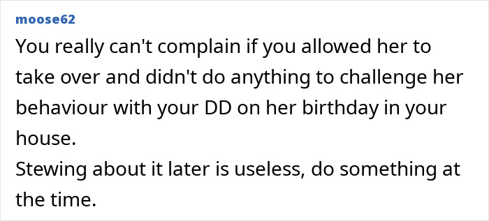 Comment about guest mom taking control of the house and rearranging food at a birthday party.