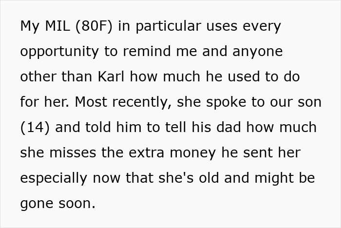 Text showing a greedy MIL frequently reminding family about past favors and pressuring for extra money as a wedding gift.