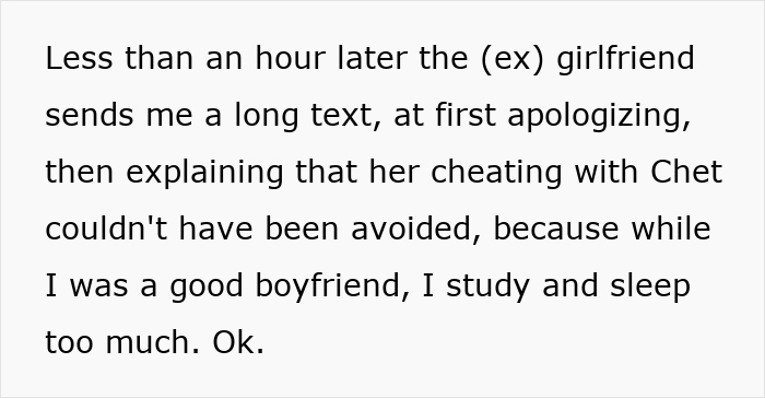 Text message from ex-girlfriend apologizing and admitting to cheating with the roommate after boyfriend suspected infidelity.