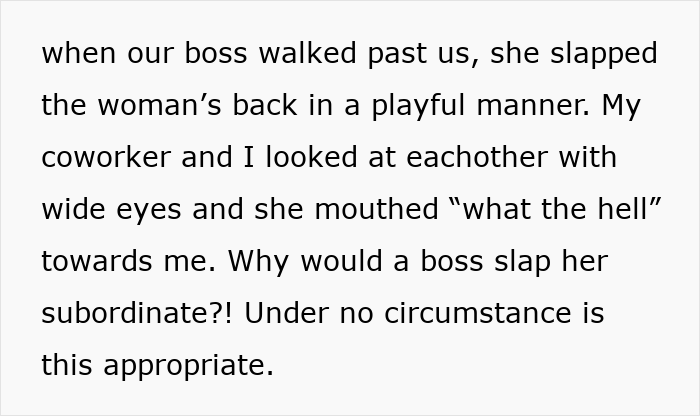 Text describing a bullied employee nitpicked by her boss daily, reacting with disbelief when the boss changes behavior.