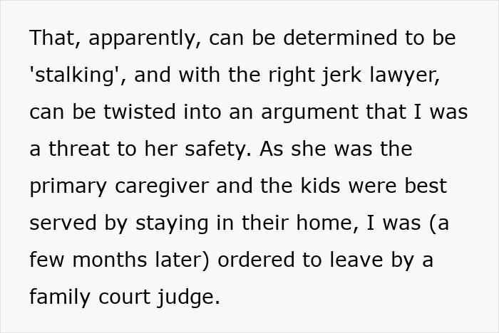Text excerpt about stalking claims leading to a family court order amid a husband’s emotional struggle and wife’s cosmetic upgrade. Text excerpt about stalking claims leading to a family court order amid a husband’s emotional struggle and wife’s cosmetic upgrade.