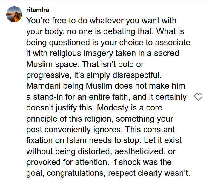 Alt text: Social media comment criticizing disrespect of the hijab and religious imagery related to Emily Ratajkowski twerking video controversy.