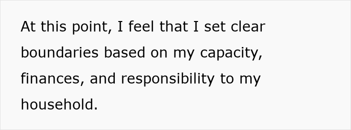 Text on white background stating feeling of setting boundaries based on capacity, finances, and household responsibility.